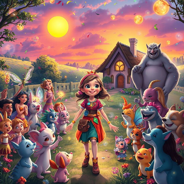 A joyful scene depicting Lily returning home from her adventures, surrounded by a multitude of celebrating creatures from the magical realm