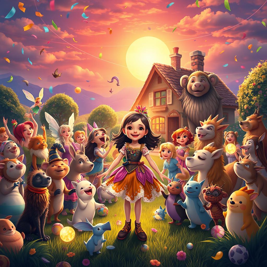 A joyful scene depicting Lily returning home from her adventures, surrounded by a multitude of celebrating creatures from the magical realm