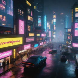 Visualize a scene from Cyberpunk 2077. A futuristic cityscape drenched in neon, teeming with high-tech vehicles, towering skyscrapers, digital billboards and citizens with body modifications, encapsulating the vibrant and chaotic life of Night City.