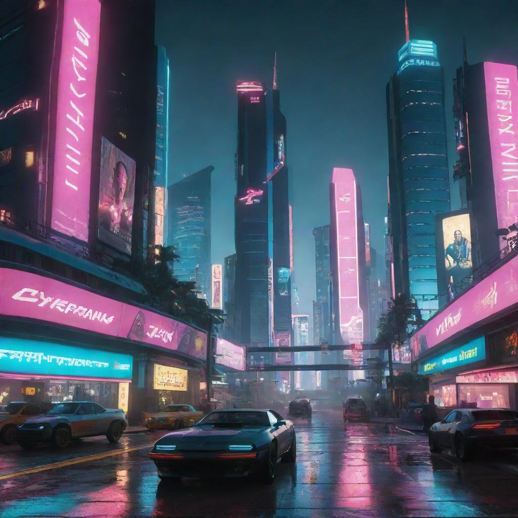 Visualize a scene from Cyberpunk 2077. A futuristic cityscape drenched in neon, teeming with high-tech vehicles, towering skyscrapers, digital billboards and citizens with body modifications, encapsulating the vibrant and chaotic life of Night City.