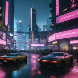 Visualize a scene from Cyberpunk 2077. A futuristic cityscape drenched in neon, teeming with high-tech vehicles, towering skyscrapers, digital billboards and citizens with body modifications, encapsulating the vibrant and chaotic life of Night City.