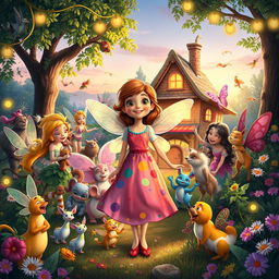 A vibrant and cheerful scene showing Lily joyfully returning home, embraced by a variety of celebrating creatures from the magical realm