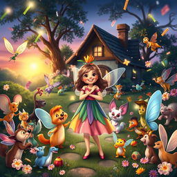 A vibrant and cheerful scene showing Lily joyfully returning home, embraced by a variety of celebrating creatures from the magical realm
