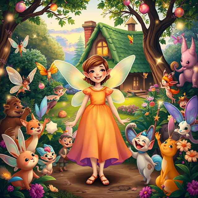 A vibrant and cheerful scene showing Lily joyfully returning home, embraced by a variety of celebrating creatures from the magical realm