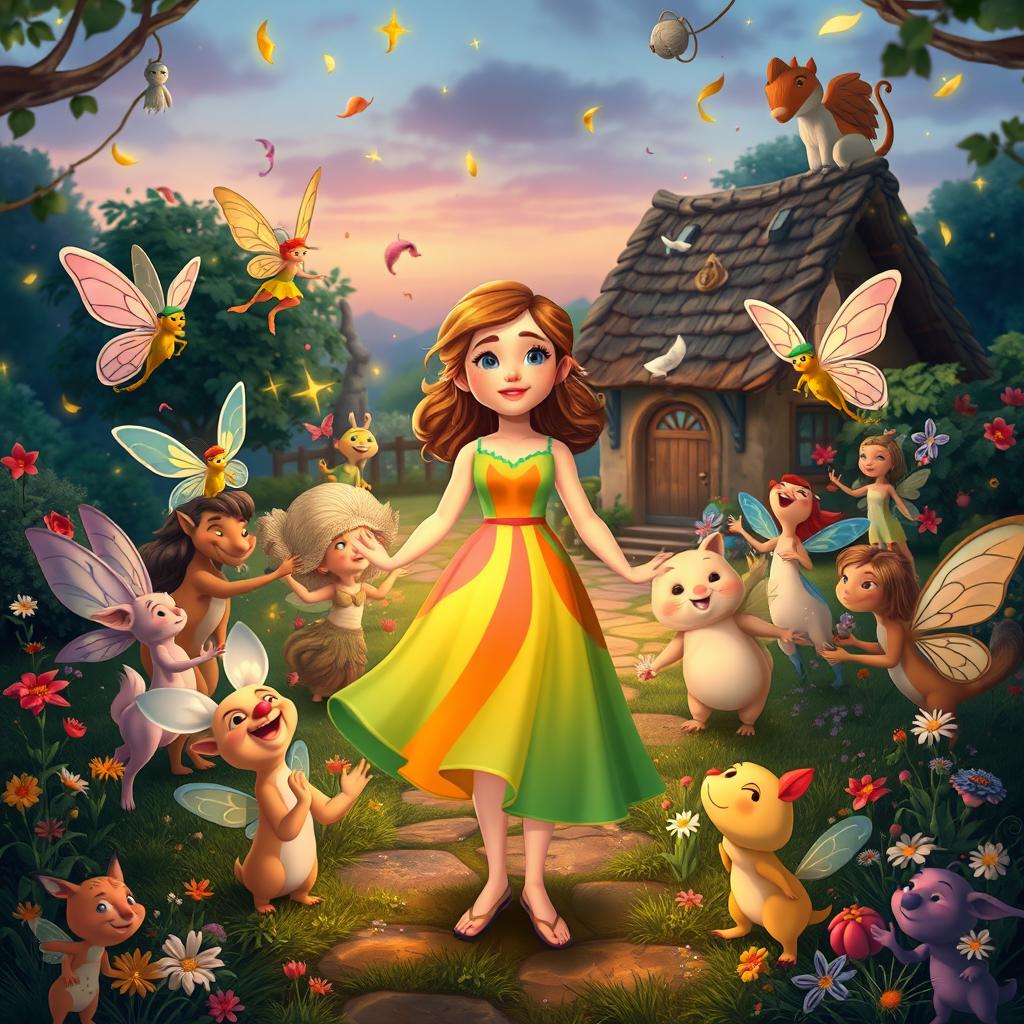 A vibrant and cheerful scene showing Lily joyfully returning home, embraced by a variety of celebrating creatures from the magical realm