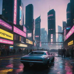 Visualize a scene from Cyberpunk 2077. A futuristic cityscape drenched in neon, teeming with high-tech vehicles, towering skyscrapers, digital billboards and citizens with body modifications, encapsulating the vibrant and chaotic life of Night City.