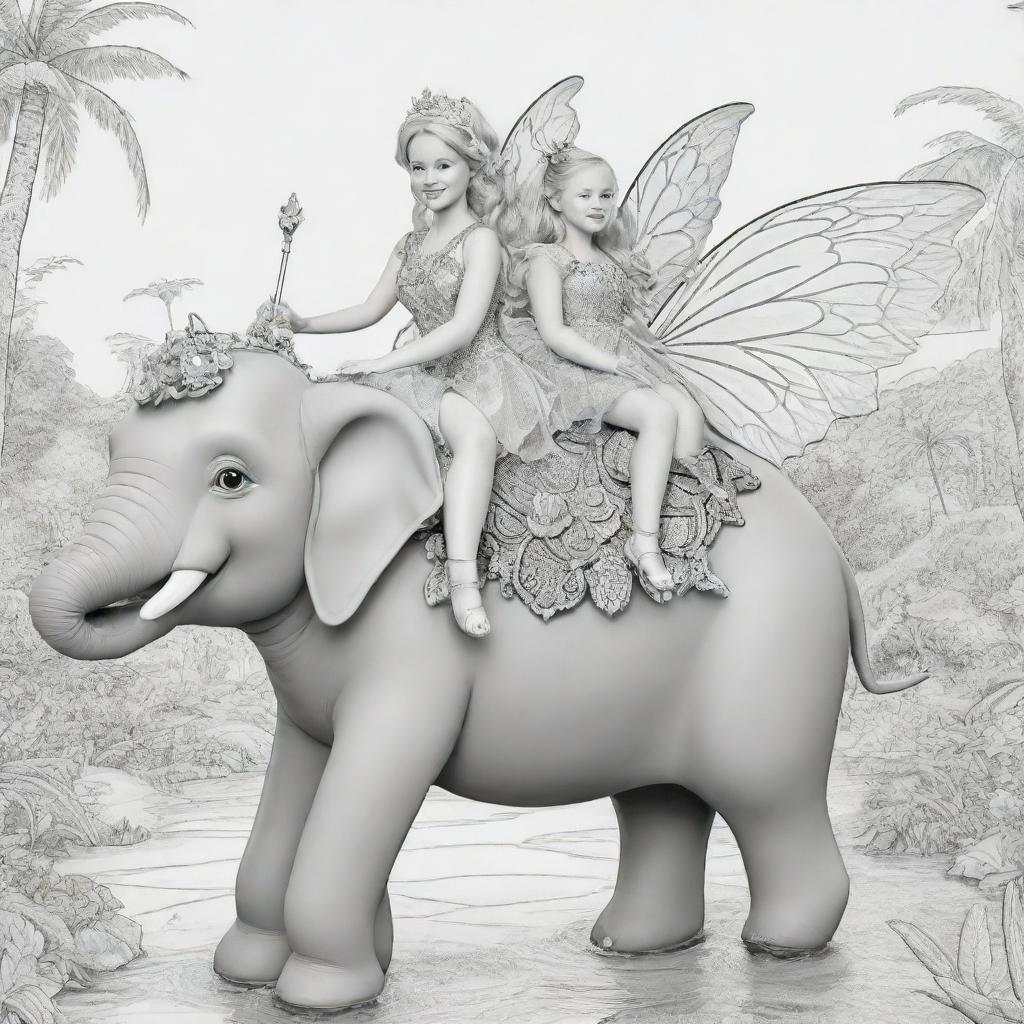 Two-dimensional, black and white cartoon-style colouring page of Down syndrome fairy Barbies in paradise, merrily riding on an elephant's back.