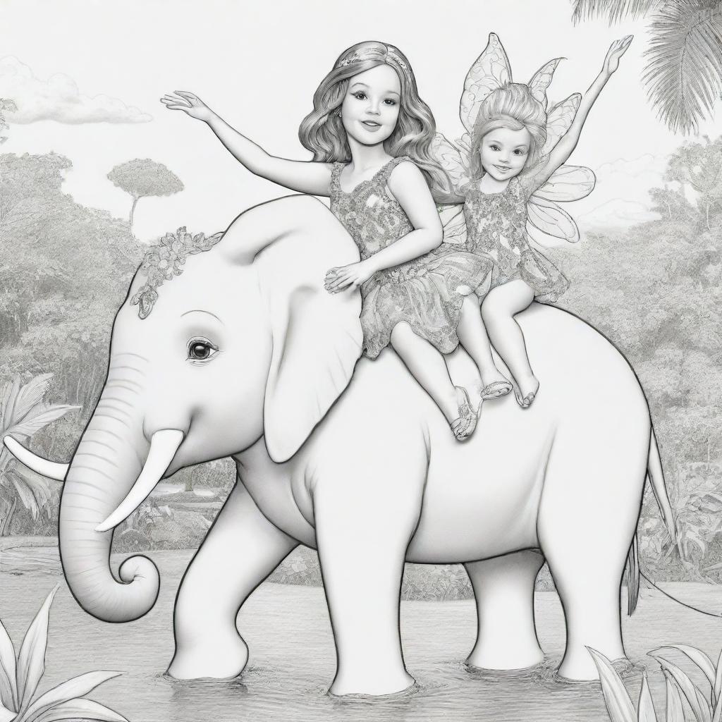 Two-dimensional, black and white cartoon-style colouring page of Down syndrome fairy Barbies in paradise, merrily riding on an elephant's back.