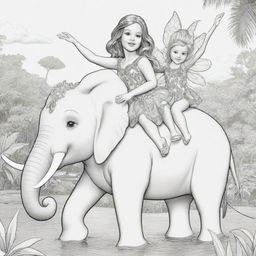 Two-dimensional, black and white cartoon-style colouring page of Down syndrome fairy Barbies in paradise, merrily riding on an elephant's back.