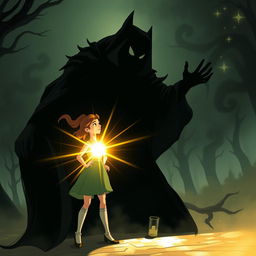 A dramatic scene illustrating Lily as she confronts the dark magician, showcasing her inner courage and light shining brightly
