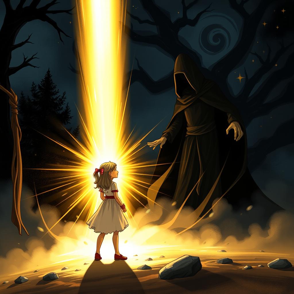 A dramatic scene illustrating Lily as she confronts the dark magician, showcasing her inner courage and light shining brightly