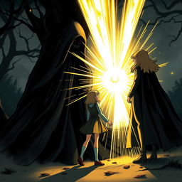A dramatic scene illustrating Lily as she confronts the dark magician, showcasing her inner courage and light shining brightly