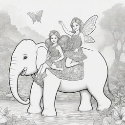 Two-dimensional, black and white cartoon-style colouring page of Down syndrome fairy Barbies in paradise, merrily riding on an elephant's back.