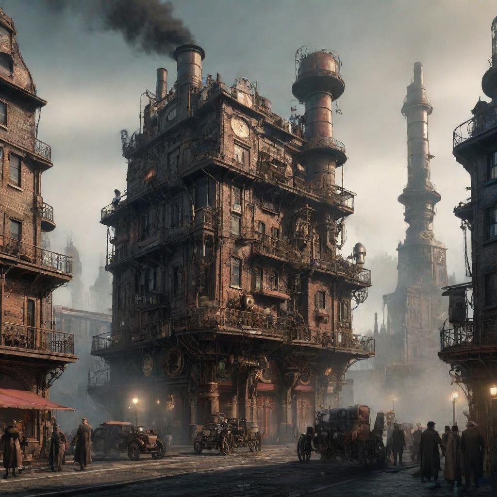 Visualize a scene from a steampunk-themed 2077. An advanced metropolis powering on steam, towering cogged structures, gears-driven vehicles, and citizens adorned in victorian-era attires with high-tech modifications, all under a coal-smog skyline.