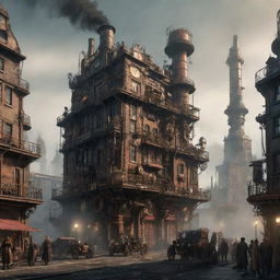 Visualize a scene from a steampunk-themed 2077. An advanced metropolis powering on steam, towering cogged structures, gears-driven vehicles, and citizens adorned in victorian-era attires with high-tech modifications, all under a coal-smog skyline.