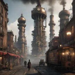 Visualize a scene from a steampunk-themed 2077. An advanced metropolis powering on steam, towering cogged structures, gears-driven vehicles, and citizens adorned in victorian-era attires with high-tech modifications, all under a coal-smog skyline.