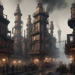 Visualize a scene from a steampunk-themed 2077. An advanced metropolis powering on steam, towering cogged structures, gears-driven vehicles, and citizens adorned in victorian-era attires with high-tech modifications, all under a coal-smog skyline.