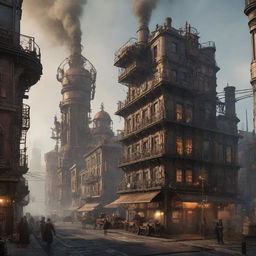 Visualize a scene from a steampunk-themed 2077. An advanced metropolis powering on steam, towering cogged structures, gears-driven vehicles, and citizens adorned in victorian-era attires with high-tech modifications, all under a coal-smog skyline.