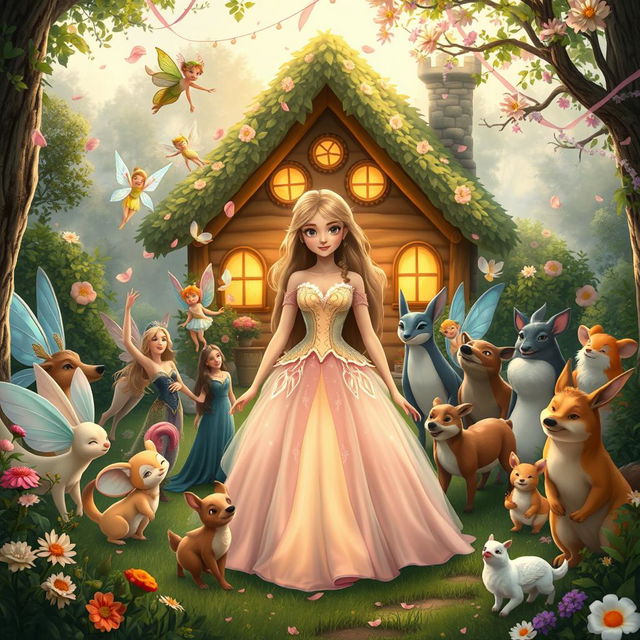 A serene and tranquil scene depicting Lily peacefully arriving home after her victory, surrounded by a diverse gathering of magical creatures celebrating her return