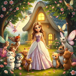 A serene and tranquil scene depicting Lily peacefully arriving home after her victory, surrounded by a diverse gathering of magical creatures celebrating her return