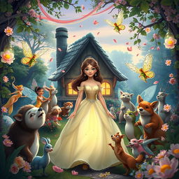 A serene and tranquil scene depicting Lily peacefully arriving home after her victory, surrounded by a diverse gathering of magical creatures celebrating her return