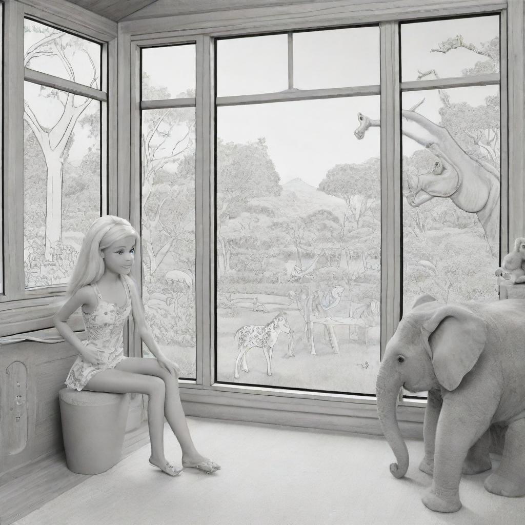 Two-dimensional, black and white cartoon-style colouring page of a Down syndrome Barbie fairy in paradise, in a big open relaxing room in a treehouse, interacting with a grey monkey and looking out a large window at an elephant and giraffe outside.