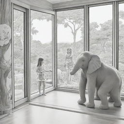 Two-dimensional, black and white cartoon-style colouring page of a Down syndrome Barbie fairy in paradise, in a big open relaxing room in a treehouse, interacting with a grey monkey and looking out a large window at an elephant and giraffe outside.