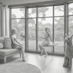 Two-dimensional, black and white cartoon-style colouring page of a Down syndrome Barbie fairy in paradise, in a big open relaxing room in a treehouse, interacting with a grey monkey and looking out a large window at an elephant and giraffe outside.