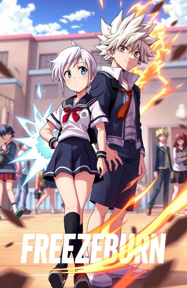 A dynamic scene inspired by the anime 'My Hero Academia', featuring a 16-year-old girl with striking white hair, wearing the U