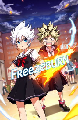 A dynamic scene inspired by the anime 'My Hero Academia', featuring a 16-year-old girl with striking white hair, wearing the U