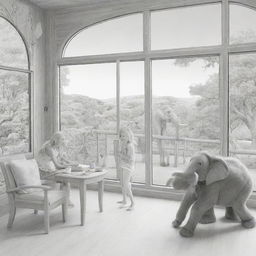 Two-dimensional, black and white cartoon-style colouring page of a Down syndrome Barbie fairy in paradise, in a big open relaxing room in a treehouse, interacting with a grey monkey and looking out a large window at an elephant and giraffe outside.