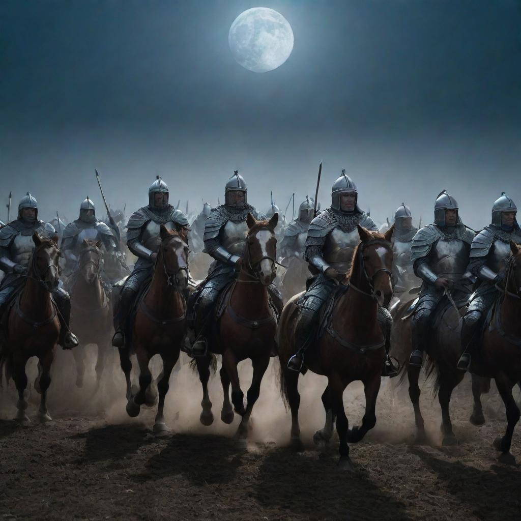 A large group of warriors on horseback, clad in heavy armor, riding towards a battlefield under the moonlight.