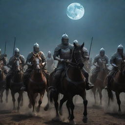 A large group of warriors on horseback, clad in heavy armor, riding towards a battlefield under the moonlight.