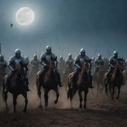 A large group of warriors on horseback, clad in heavy armor, riding towards a battlefield under the moonlight.