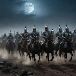 A large group of warriors on horseback, clad in heavy armor, riding towards a battlefield under the moonlight.