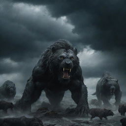 A chilling scene of dark, fearsome beasts roaring and preparing for war beneath a stormy sky.