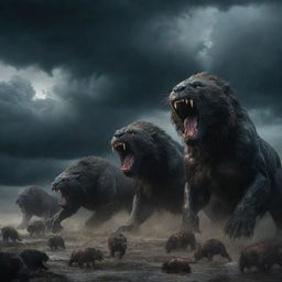 A chilling scene of dark, fearsome beasts roaring and preparing for war beneath a stormy sky.