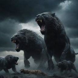 A chilling scene of dark, fearsome beasts roaring and preparing for war beneath a stormy sky.