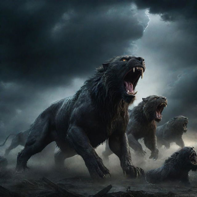 A chilling scene of dark, fearsome beasts roaring and preparing for war beneath a stormy sky.