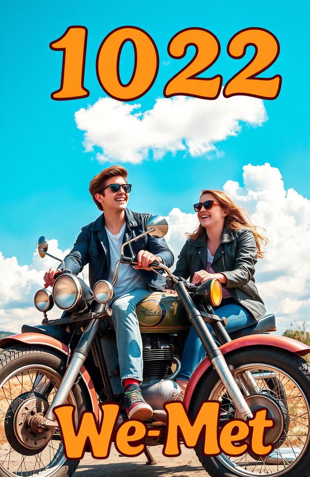 A captivating cover image featuring two high school teenagers laughing and riding on an old, vintage motorcycle