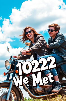 A captivating cover image featuring two high school teenagers laughing and riding on an old, vintage motorcycle