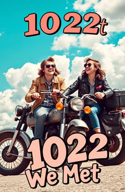 A captivating cover image featuring two high school teenagers laughing and riding on an old, vintage motorcycle