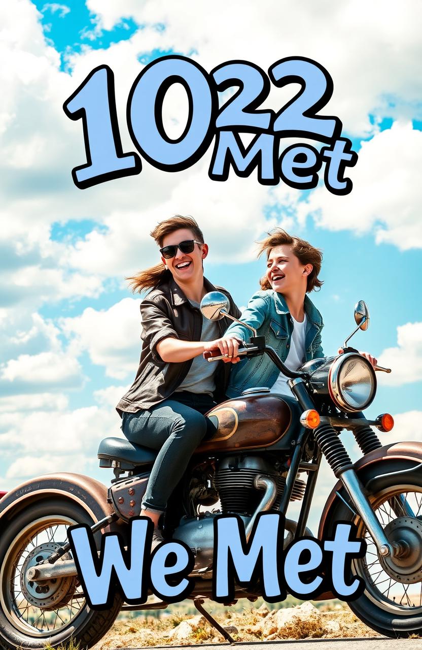 A captivating cover image featuring two high school teenagers laughing and riding on an old, vintage motorcycle