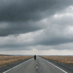 A solitary traveler journeying on an endless road that stretches into unfamiliar lands under a clouded sky.