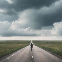 A solitary traveler journeying on an endless road that stretches into unfamiliar lands under a clouded sky.