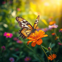 A stunning, realistic butterfly perched delicately on a vibrant flower, surrounded by lush green foliage in a natural setting