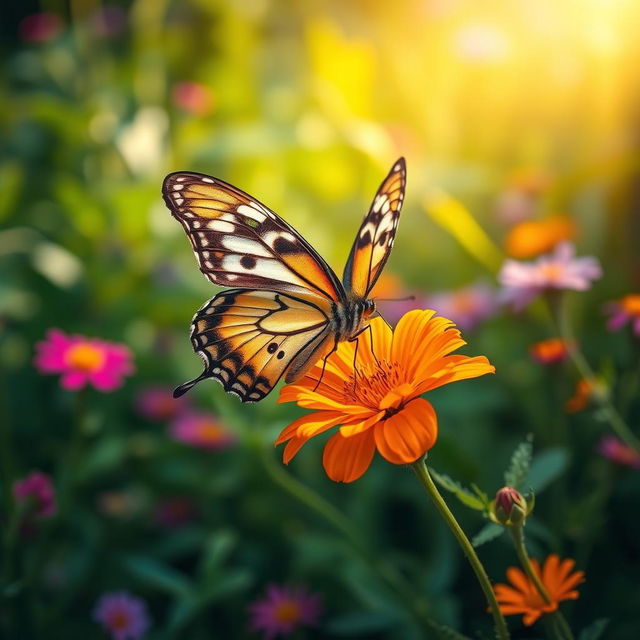 A stunning, realistic butterfly perched delicately on a vibrant flower, surrounded by lush green foliage in a natural setting