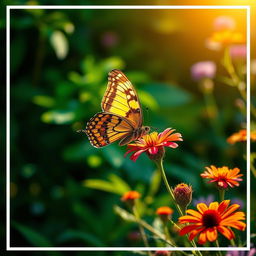 A stunning, realistic butterfly perched delicately on a vibrant flower, surrounded by lush green foliage in a natural setting