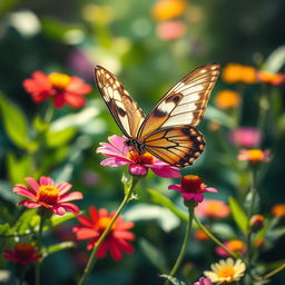 A stunning, realistic butterfly perched delicately on a vibrant flower, surrounded by lush green foliage in a natural setting