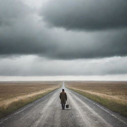 A solitary traveler journeying on an endless road that stretches into unfamiliar lands under a clouded sky.